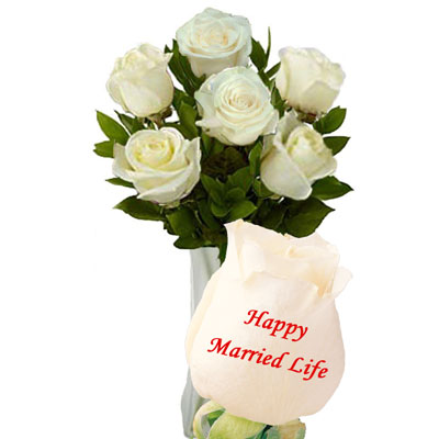 "Talking Roses (Print on Rose) (6 White Roses) Happy Married Life - Click here to View more details about this Product